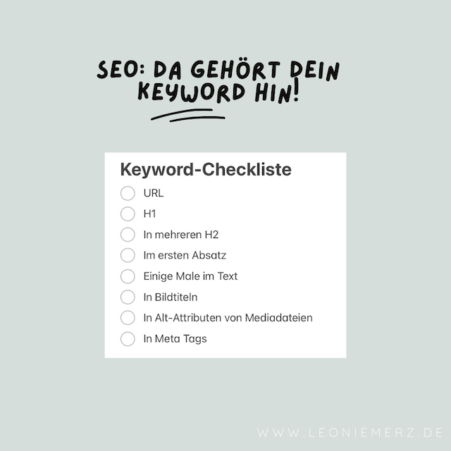 Keyword-Checkliste, Übersicht, wo das Keyword für SEO platziert werden muss